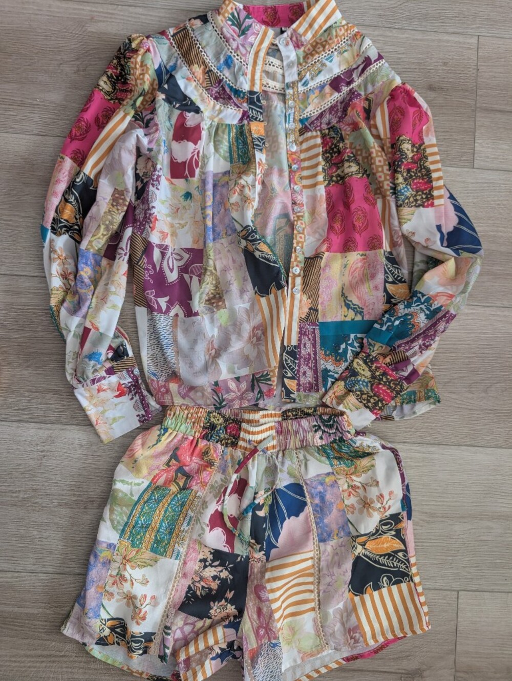 Studio Multicolor Patchwork Shirt and Shorts Set - Pink, Blue, Yellow, Green
